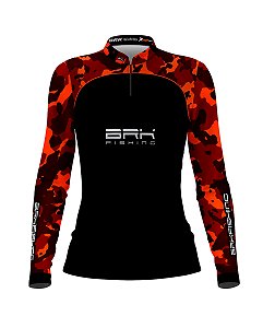 Camisa de Pesca Feminina BRK Preta e Laranja Camuflada com UV50+
