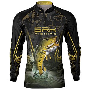 Camisa de Pesca BRK Preta Camo Tucunaré Amarelo com Proteção UV50+