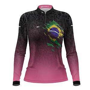 Camisa Feminina Agro Brk Camuflado Preto e Rosa Bandeira do Brasil com Proteção Solar UV50+