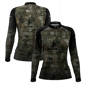 Camisa Agro Feminina Brk Camuflada Verde Folhas com Proteção Solar UV50+