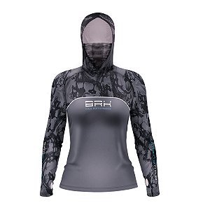 Camisa FusionX Feminina Brk Deep Cinza Camuflado com Capuz e Proteção Solar UV50+