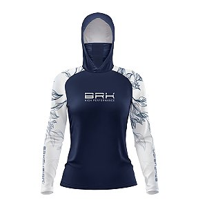 Camisa FusionX Feminina Brk Deep Azul Detalhe Folhas com Capuz e Proteção Solar UV50+
