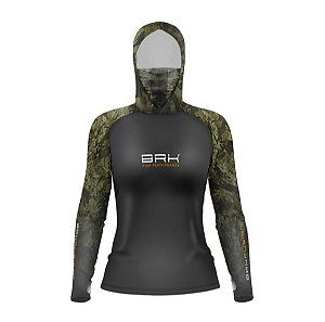 Camisa FusionX Feminina Brk Camuflada Verde Preto Capuz e Proteção UV50+