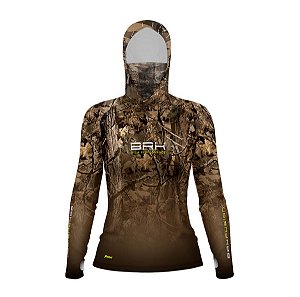 Camisa FusionX Feminina Brk Hunter Camuflada Galhos Marrom com Capuz e Proteção UV50+