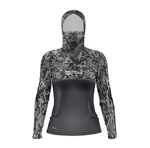 Camisa FusionX Feminina Brk Marine Camu Chumbo com Capuz e Proteção UV50+