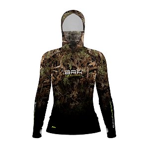 Camisa FusionX Feminina Brk Hunter Camu Floresta Preta com Capuz e Proteção UV50+