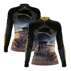 Camisa Agro Feminina Brk Preta Colheitadeira Bandeira do Brasil com Proteção Solar UV50+