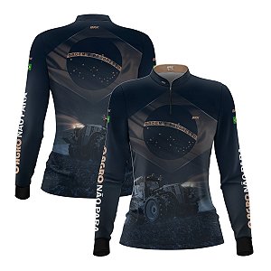 Camisa Agro Feminina Brk Azul Trator Bandeira do Brasil com Proteção Solar UV50+