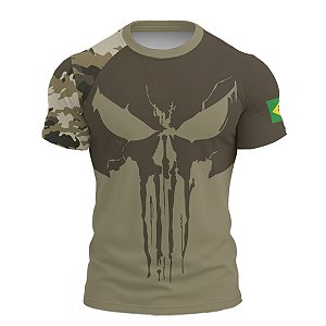 Camiseta Caveira Militar Brk Verde Musgo Skull Camo com Proteção UV50+
