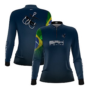 Camisa de Pesca Feminina Brk Azul Bandeira do Brasil Garateia com Proteção UV50+