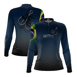 Camisa de Pesca Feminina Brk Azul Escamas Bandeira do Brasil Garateia com Proteção UV50+