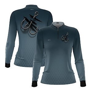 Camisa de Pesca Feminina Brk Azul Lisa Escamas Garateia com Proteção UV50+