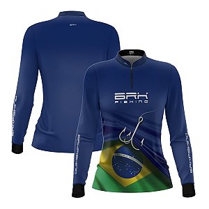 Camisa de Pesca Feminina Brk Azul Bandeira do Brasil Garateia com Proteção UV50+