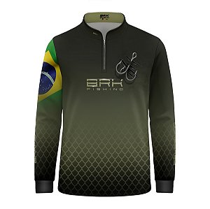 Camisa de Pesca Infantil Brk Verde Escamas Bandeira do Brasil Garateia com Proteção UV50+