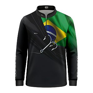 Camisa de Pesca Infantil Brk Cinza Bandeira do Brasil Garateia com Proteção UV50+