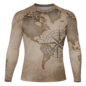 Camisa Segunda Pele Brk Discovery Bege Mapa Mundi com Proteção UV50