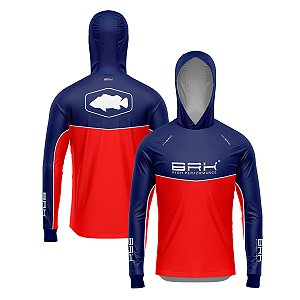 Camisa de Pesca Brk com Capuz Hybrid Red Blue Fishin com Proteção Solar UV50+