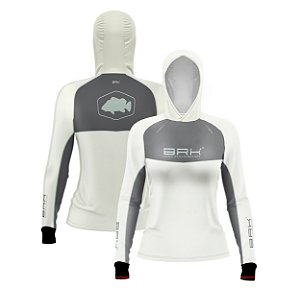 Camisa de Pesca Feminina Brk com Capuz Hybrid Cinza Bege com Proteção Solar UV50+