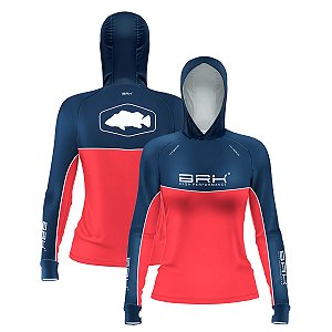 Camisa de Pesca Feminina Brk com Capuz Hybrid Red Blue Fishin com Proteção Solar UV50+