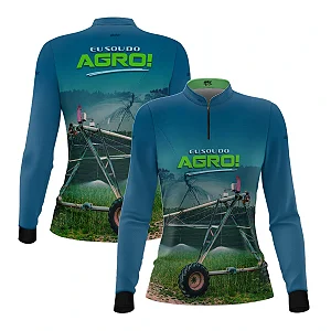 Camisa UV50 Agro Feminina Brk Irrigação no Campo Pivô Azul