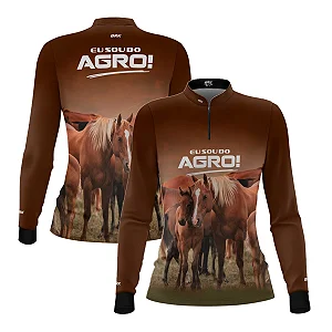 Camisa UV50 Agro Feminina Brk Eu Sou do Agro Marrom Cavalos