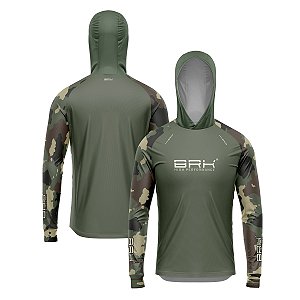 Camisa de Pesca Brk com Luva e Capuz Hybrid Camuflada Verde com Proteção Solar UV50+