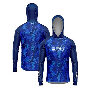 Camisa de Pesca Brk com Luva e Capuz Hybrid Camo Azul com Proteção Solar UV50+