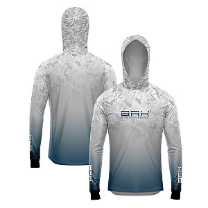 Camisa de Pesca Brk com Luva e Capuz Hybrid Camo Branca e Azul com Proteção Solar UV50+