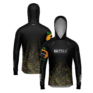 Camisa de Pesca Brk com Luva e Capuz Hybrid Camuflado Preto e Bege com Proteção Solar UV50+