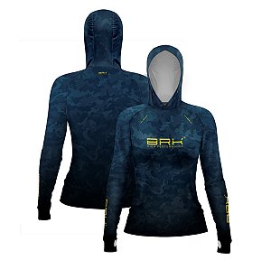 Camisa de Pesca Feminina Brk com Luva e Capuz Hybrid Camuflada Azul com Proteção Solar UV50+