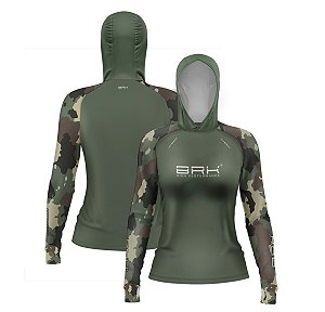 Camisa de Pesca Feminina Brk com Luva e Capuz Hybrid Camuflada Verde com Proteção Solar UV50+