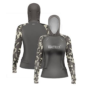 Camisa de Pesca Feminina Brk com Luva e Capuz Hybrid Camuflada Cinza e Verde com Proteção Solar UV50+