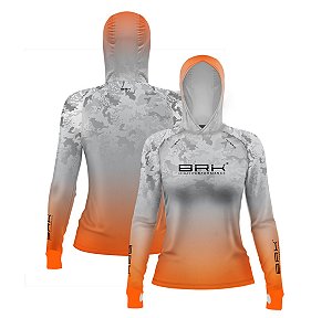 Camisa de Pesca Feminina Brk com Luva e Capuz Hybrid Camo Laranja com Proteção Solar UV50+