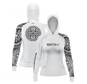 Camisa de Pesca Feminina Brk com Luva e Capuz Hybrid Branca Maori com Proteção Solar UV50+