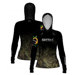Camisa de Pesca Feminina Brk com Luva e Capuz Hybrid Camuflado Preto e Bege com Proteção Solar UV50+