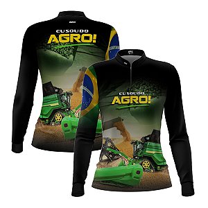 Camisa Agro Feminina Brk Eu Sou do Agro Colheitadeira Verde com Proteção UV50