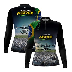 Camisa Agro Feminina Brk Eu Sou do Agro Preta Drone e Gado com Proteção UV50