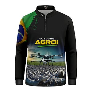 Camisa Agro Infantil Brk Eu Sou do Agro Preta Drone e Gado com Proteção UV50