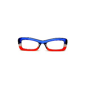 Armação para óculos de Grau Gustavo Eyewear G34 7. Cor: Azul, fumê e vermelho translúcido. Haste marrom.