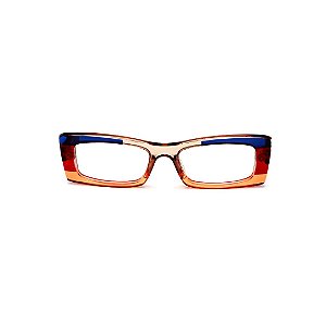 Armação para óculos de Grau Gustavo Eyewear G35 21. Cor: Laranja, azul, âmbar e vermelho translúcido. Haste vermelha.