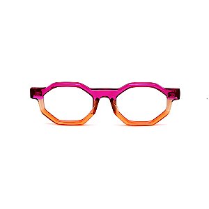 Óculos de Grau Gustavo Eyewear G136 5 nas cores violeta, âmbar e laranja translúcido, hastes violeta.