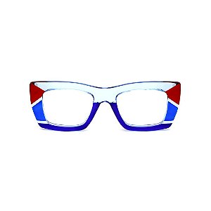 Armação para óculos de Grau Gustavo Eyewear G79 9. Cor: Acqua translúcido, azul e vermelho. Haste animal print.