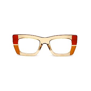 Armação para óculos de Grau Gustavo Eyewear G79 11. Cor: Âmbar translúcido, vermelho e laranja citrus. Haste marrom.