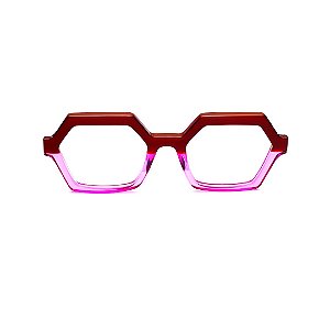 Óculos de Grau Gustavo Eyewear G123 10 nas cores vermelho e lilás, hastes pretas.
