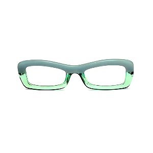 Óculos de Grau Gustavo Eyewear G34 3 mas cores fumê e acqua, com as hastes pretas.