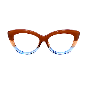 Óculos de Grau G107 3 nas cores doce de leite, âmbar e azul, com as hastes azuis.