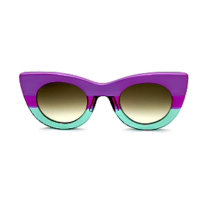 Óculos de Sol Gustavo Eyewear G48 1 nas cores Lilás, Violeta e Acqua, com as hastes em Animal Print e lentes marrom.