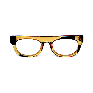 Óculos de Grau Gustavo Eyewear G14 4 nas cores âmbar e preto, com as hastes pretas.