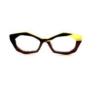 Óculos de Grau Gustavo Eyewear G53 14 nas cores preto, marrom e amarelo, com as hastes pretas. Origem