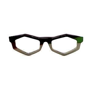 Óculos de Grau Gustavo Eyewear G153 11 nas cores marrom, cinza e verde, com as hastes pretas. Origem